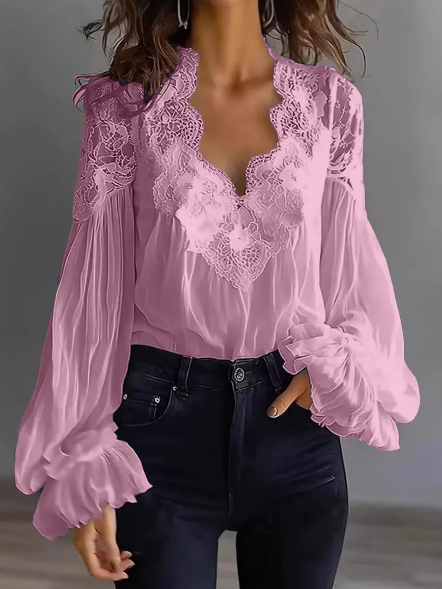 Women's Lace Patchwork Puff Sleeve Shirt