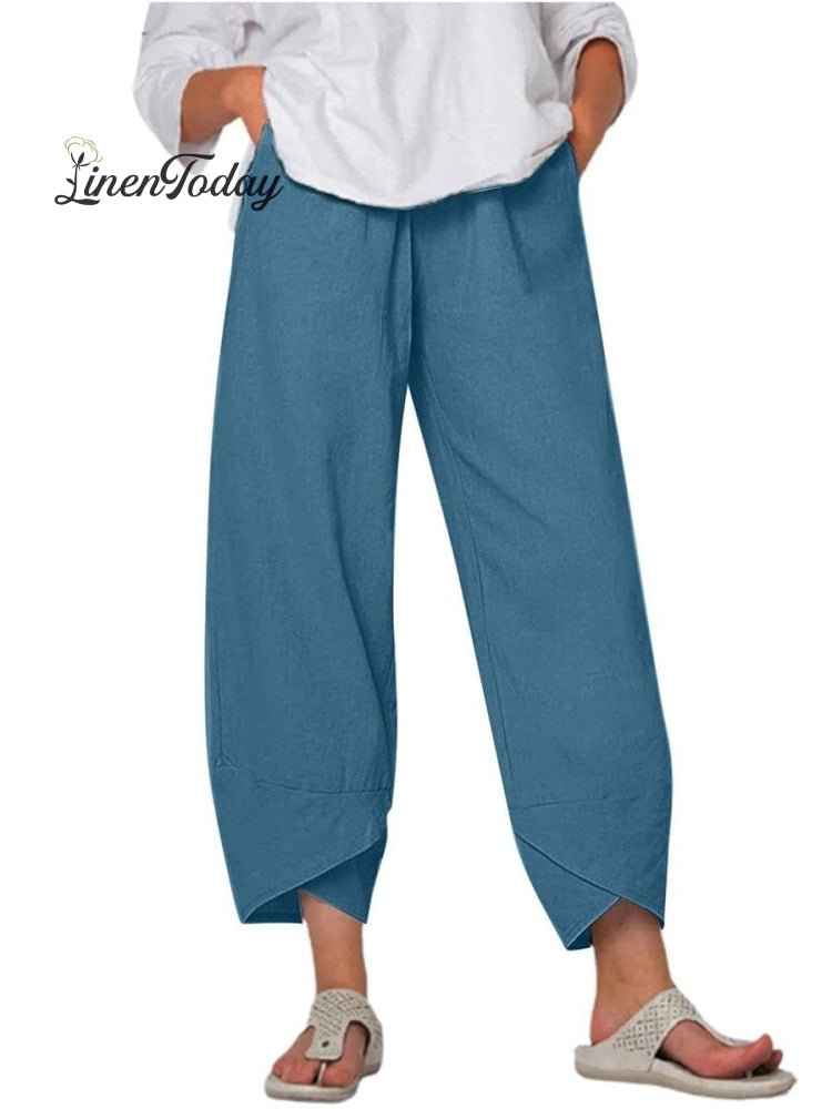 Women's Solid Color Loose Elegant Casual Simple Cotton And Linen Ninth Pants