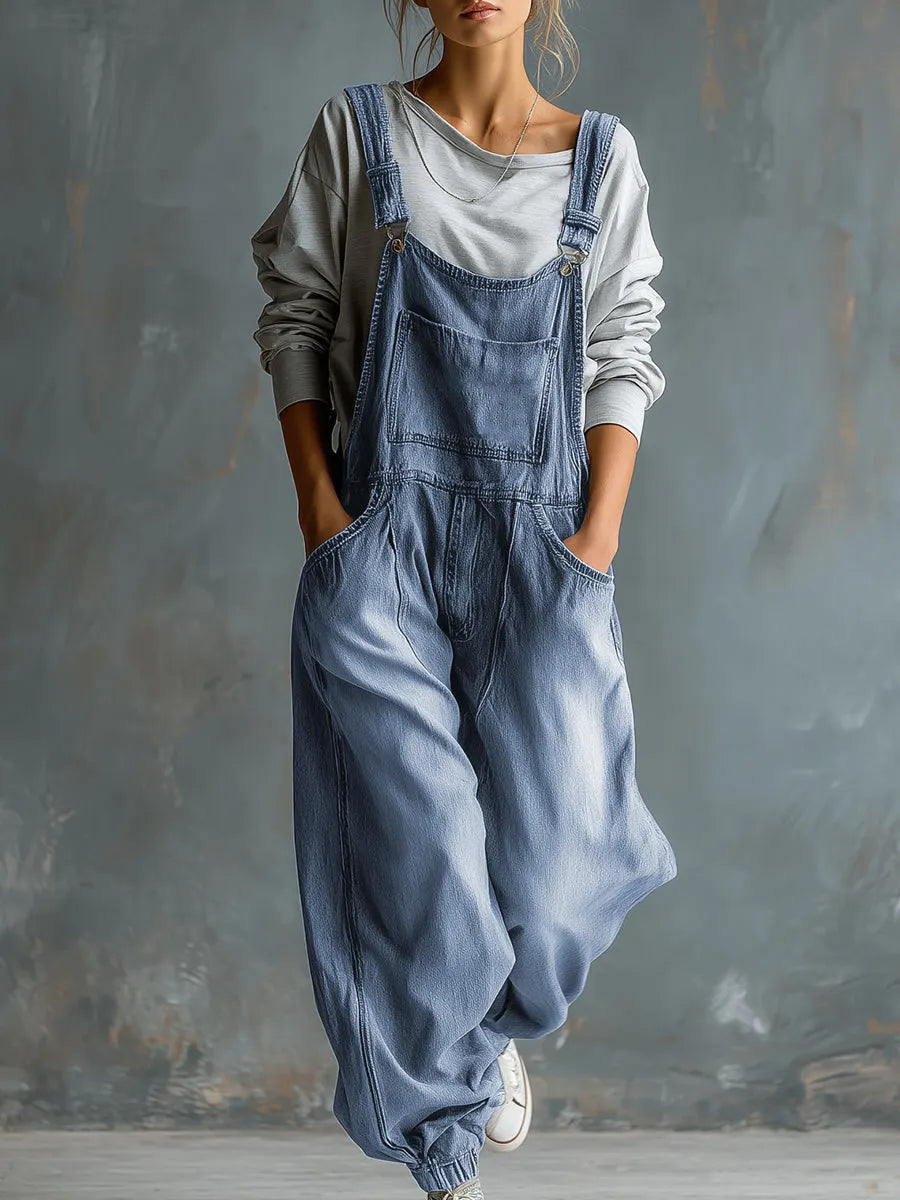 Casual Retro Washed Denim Blue Pocket Overalls