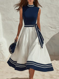 Vacation Sleeveless Navy Blue And White Color-Block A-Line Midi Dress