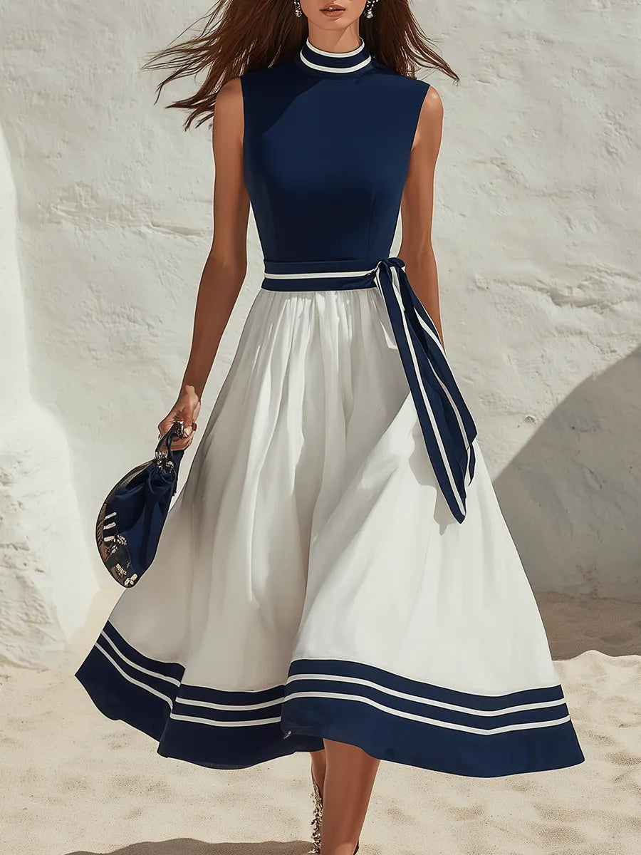 Vacation Sleeveless Navy Blue And White Color-Block A-Line Midi Dress