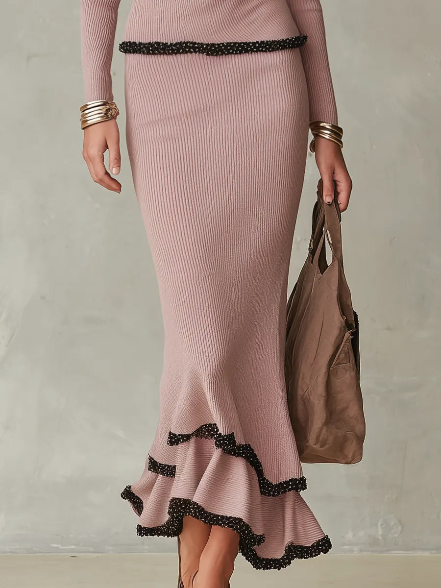 Refined Dusty Rose Contrast-Trim Ruffle Knit Skirt Set