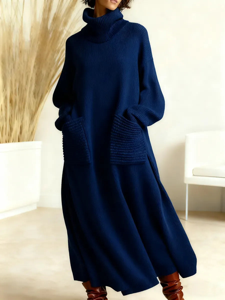 Women's Solid Color High-Neck Long-Sleeve Casual Loose Knit Dress