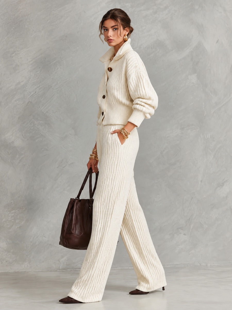 Chunky Ribbed Knit Two-Piece Set - Button Cardigan & Wide-Leg Pants