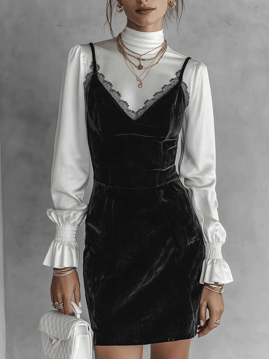 Romance Plush Velvet Slim-Fit Jet Black Mini Dress And Shirts