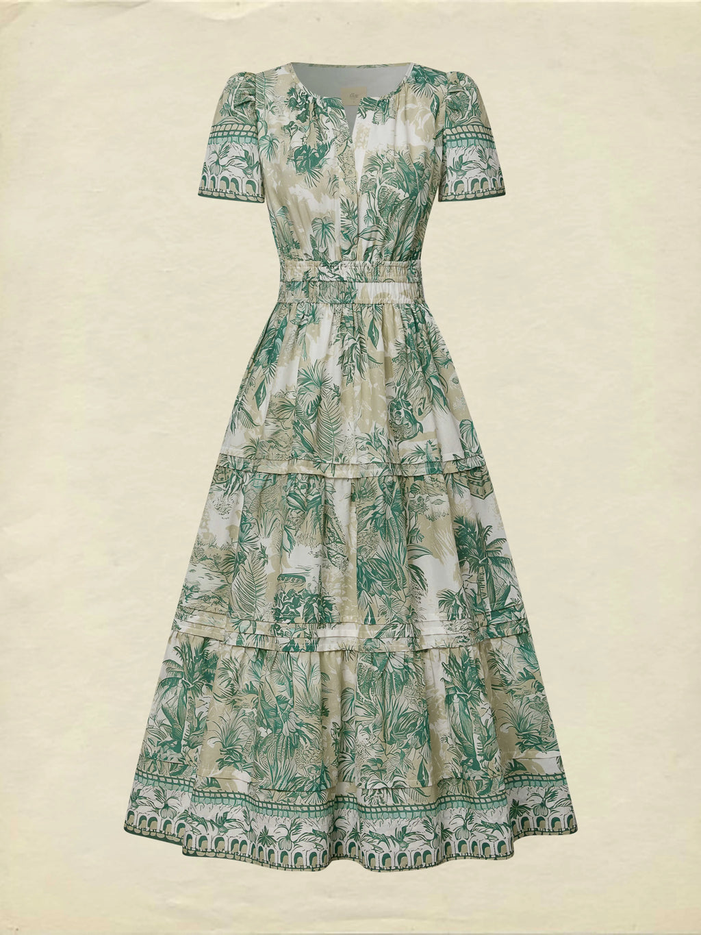 Maxi Cotton Dress, Short Sleeves, V Neck, Floral, Vacation, Vintage, Green