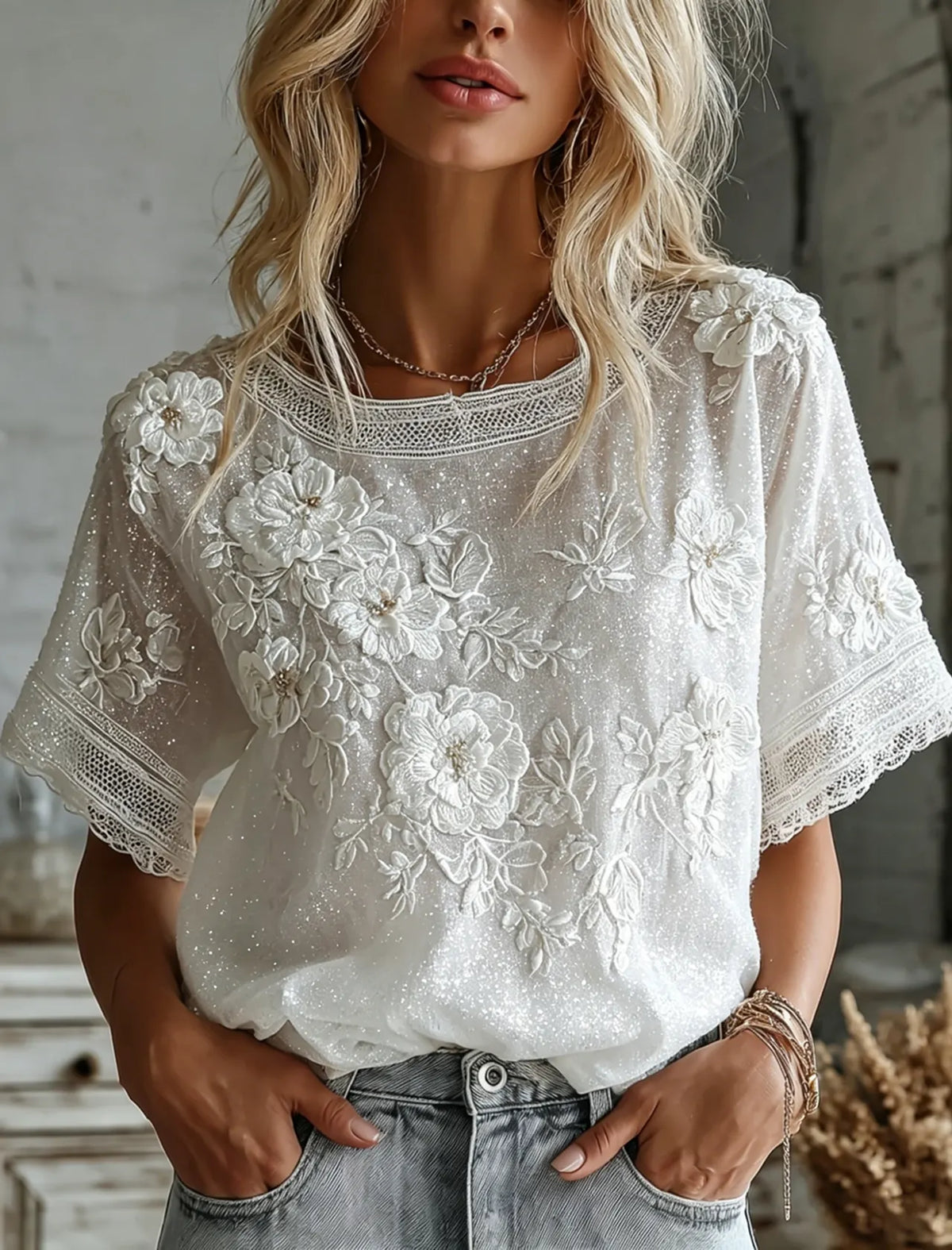 Women's Vintage Summer Romantic Yellow Rose Art Linen Blend Short Sleeve Tops