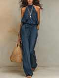 Refined Deep Blue Halter Wide-Leg Pant Suit