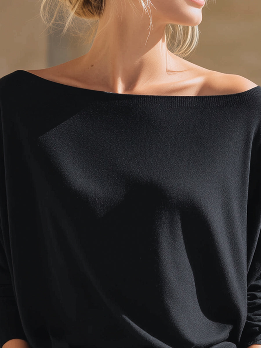 Relaxed Off-Shoulder Batwing Sleeve Knit Top