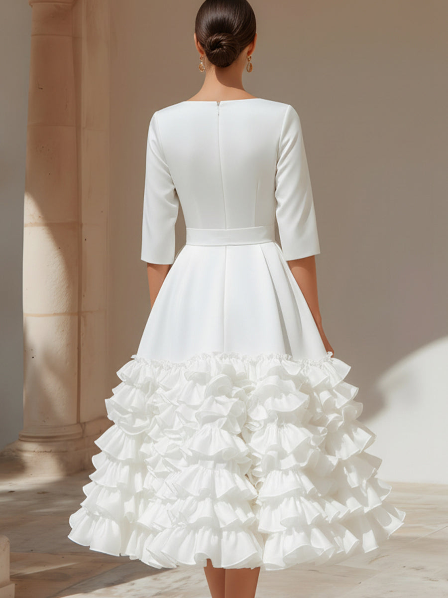 Belted Ruffled-Hem Midi Dress