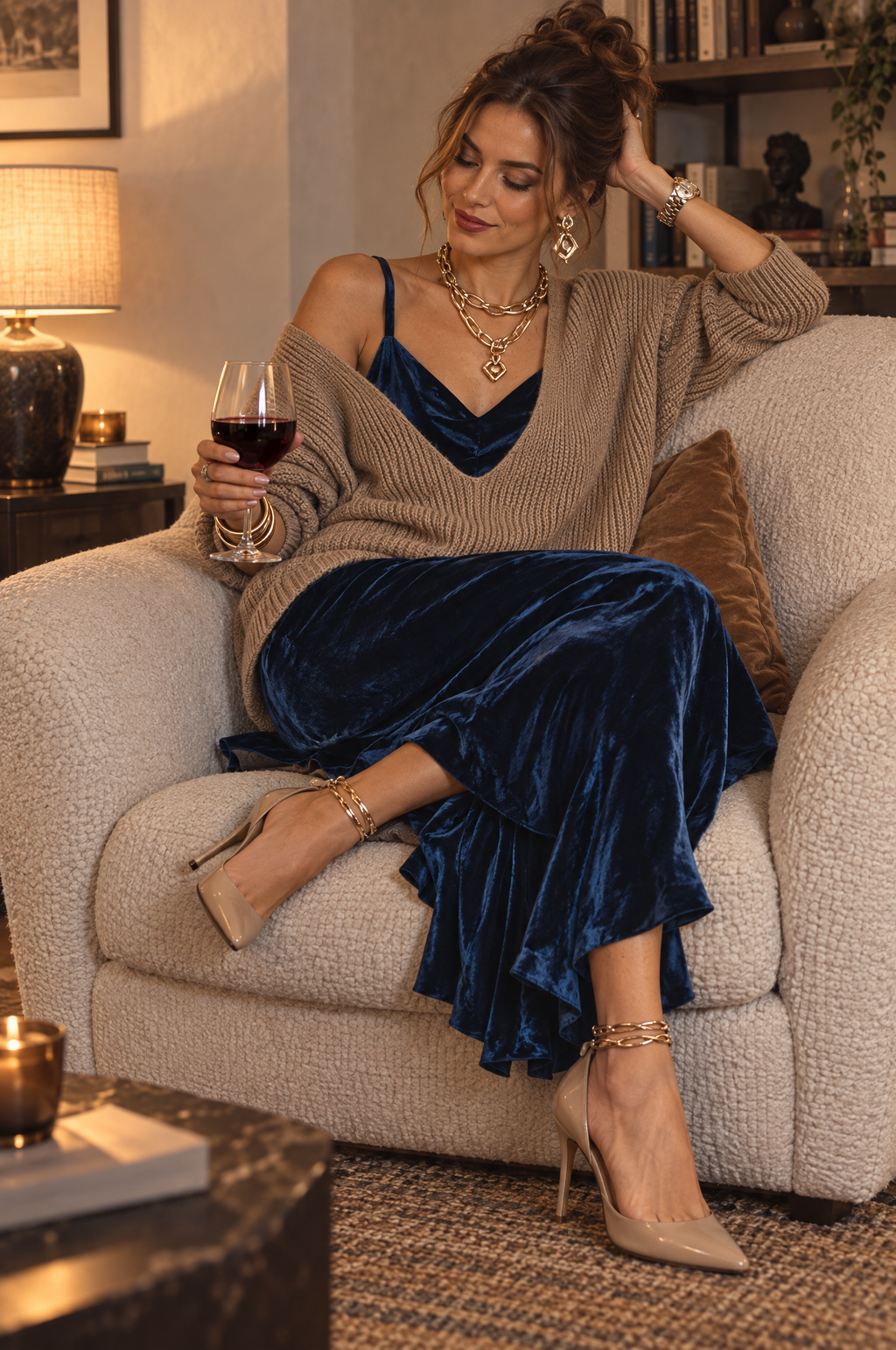 Layered Velvet Cowl Neck Slip Dress with Oversized Knit Sweater Set