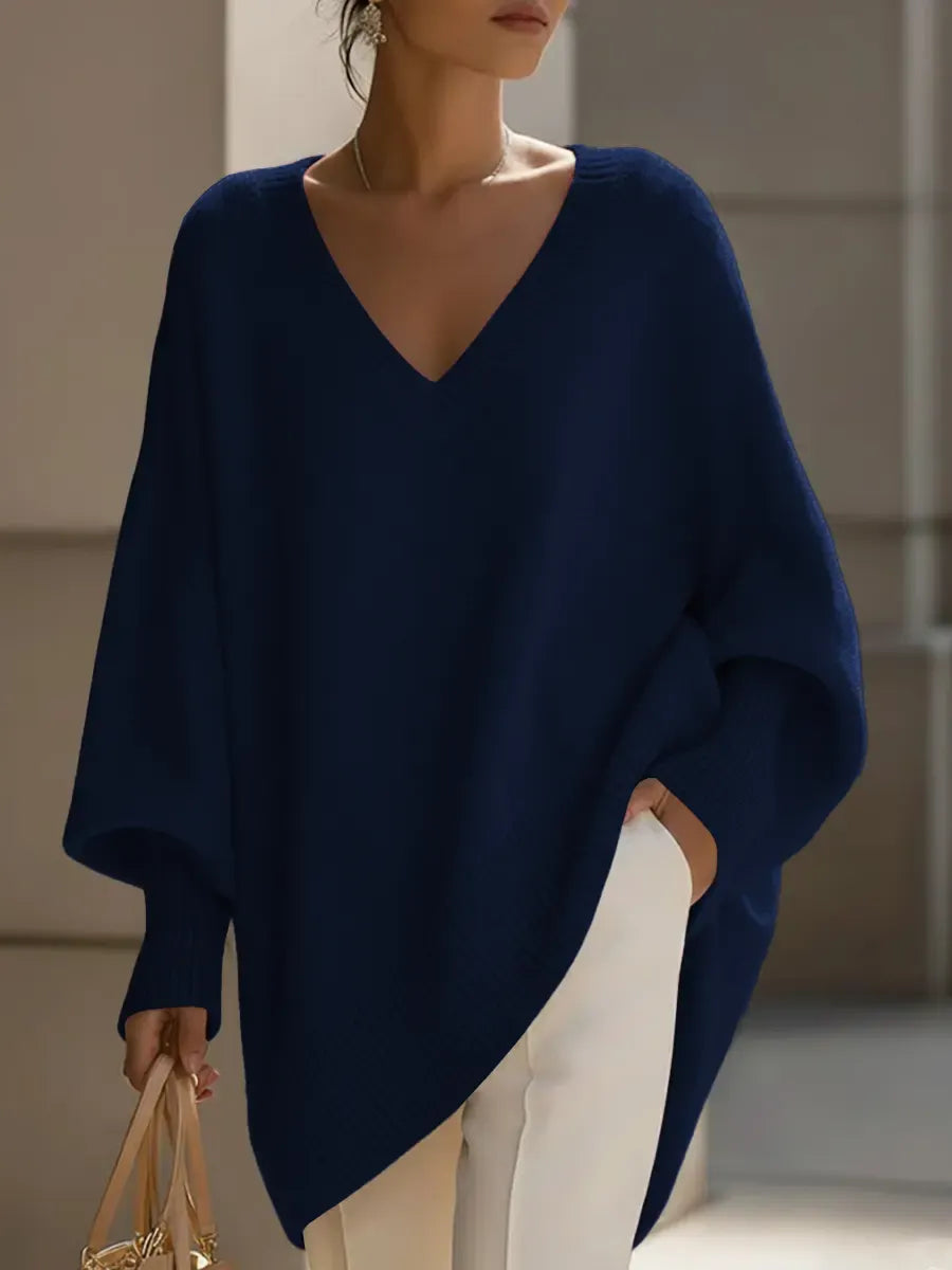 Women's Solid Color V-neck Long-sleeved Casual Loose-fitting Knitted Pullover Sweater