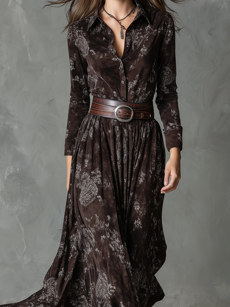 Bohemian Suede Shirt Collar Printed Maxi Dress