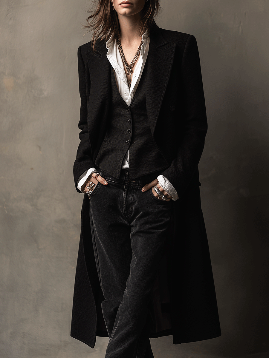 Vintage Noir Tailored Maxi Blazer Coat