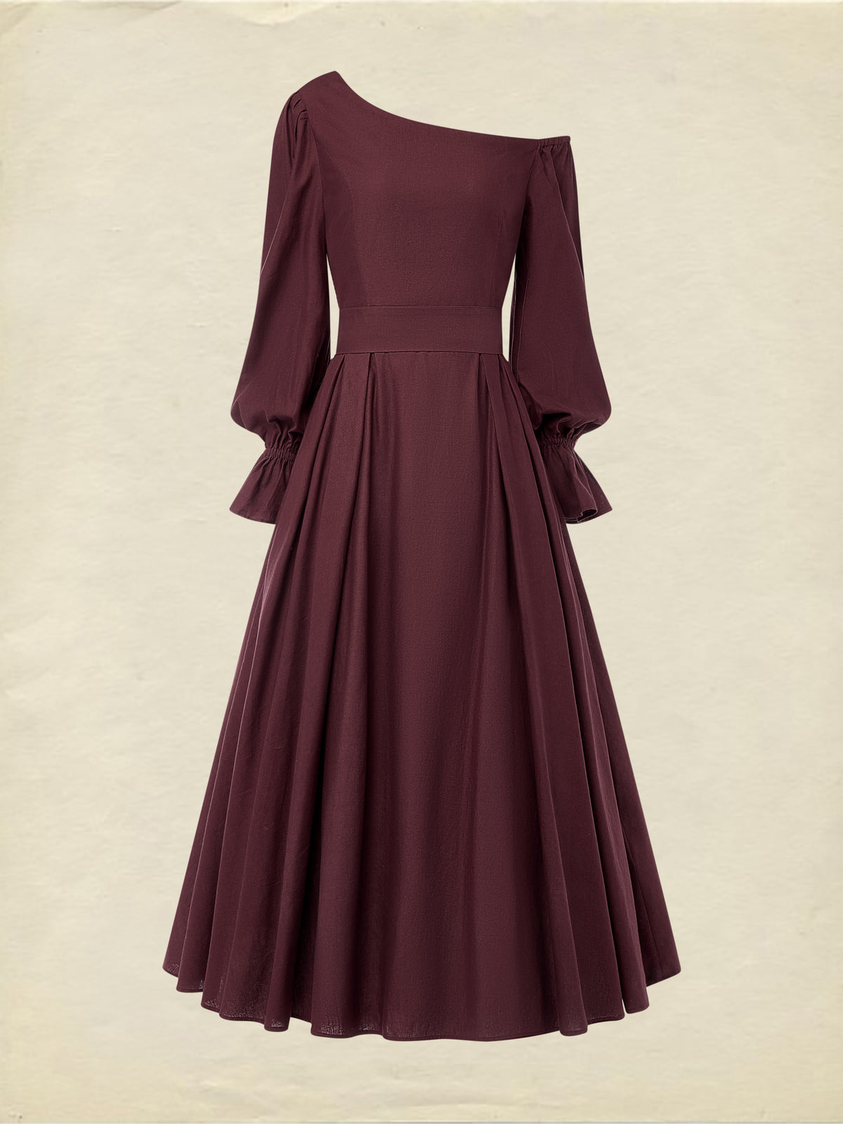 Midi Cotton Dress, Long Sleeves, One Shoulder, Plain, Belt Design, French Vintage, CAMEO BROWN