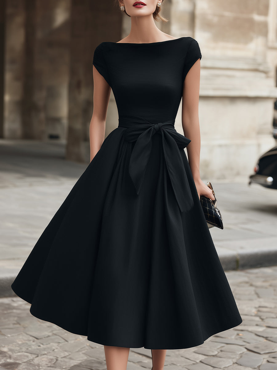 Cap-Sleeve Bow-Waist Midi Dress