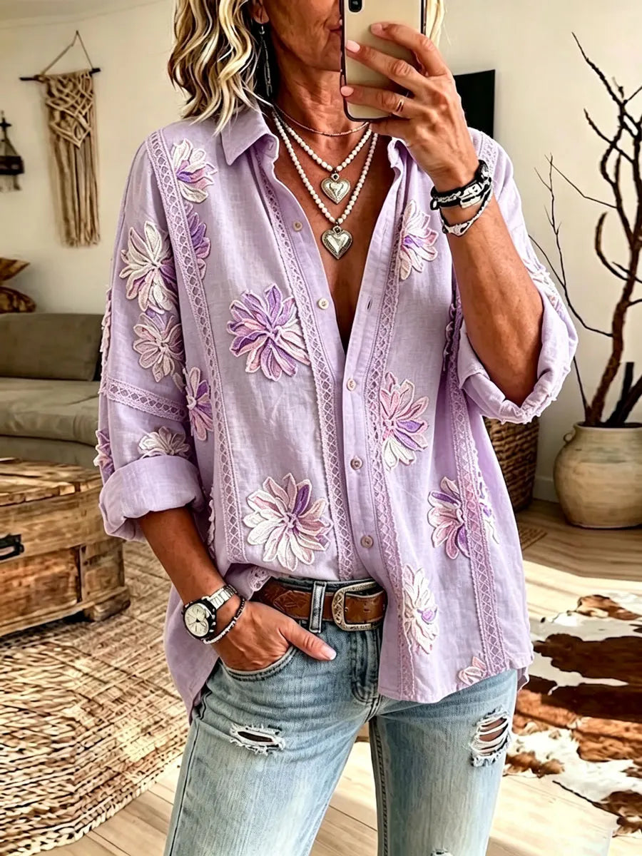 Women'S Cotton Linen Flower Casual Long Sleeve Shirt