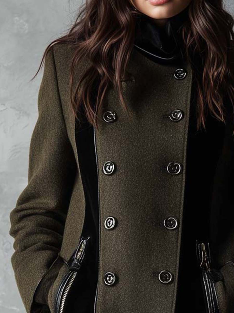 Military Green Wool-Blend Coat With Black Contrast Panels