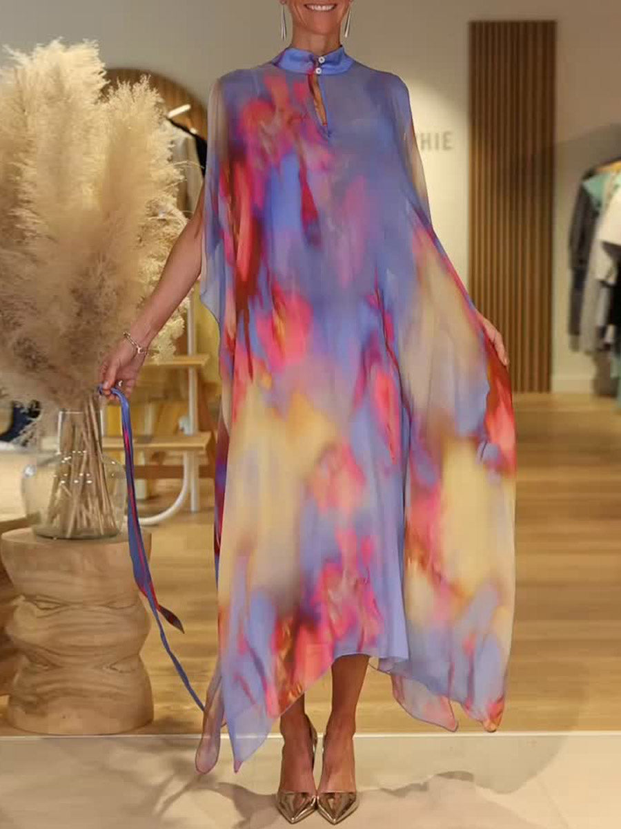 Women's Colorful Tie-Dye Stand Collar Sleeveless Casual Loose Chiffon Dress