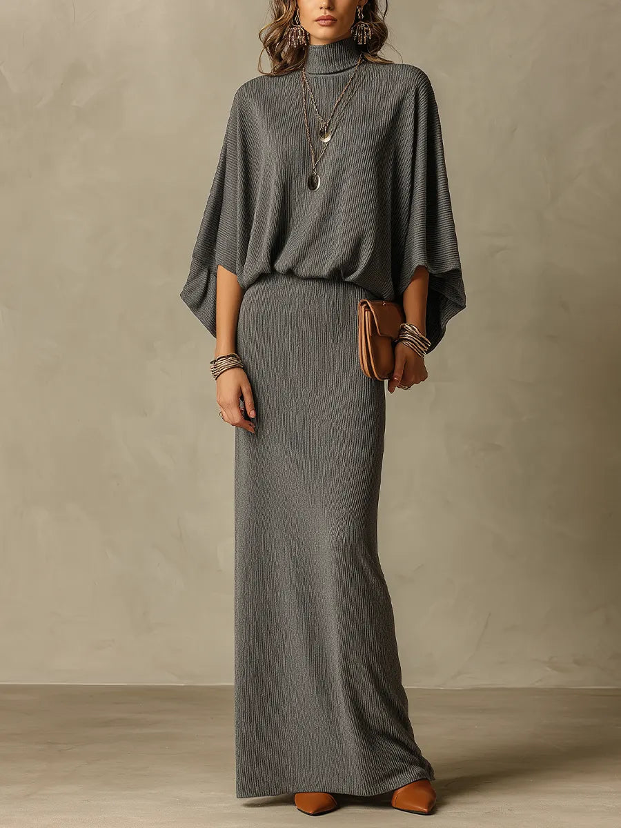 Relaxed Charcoal Batwing Knit Skirt Set