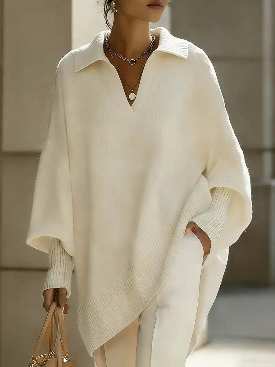 Women's Solid Color V-neck Long-sleeved Casual Loose-fitting Knitted Pullover Sweater