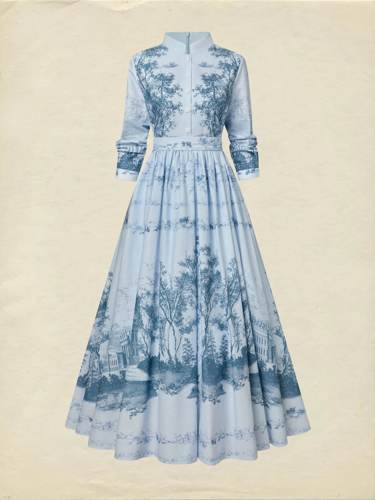 Maxi Cotton Dress, Long Sleeves, Stand Collar, Floral, Pocket Design, Vintage, Blue