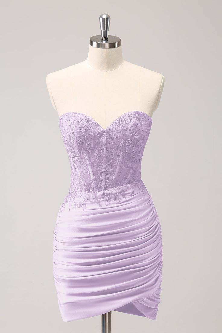 Cocoslly Chic Sweetheart Sleeveless Pleated Short Homecoming Dress With Embroidery | Lavender Satin HC0085