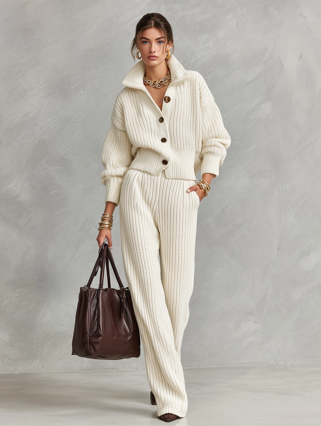 Chunky Ribbed Knit Two-Piece Set - Button Cardigan & Wide-Leg Pants
