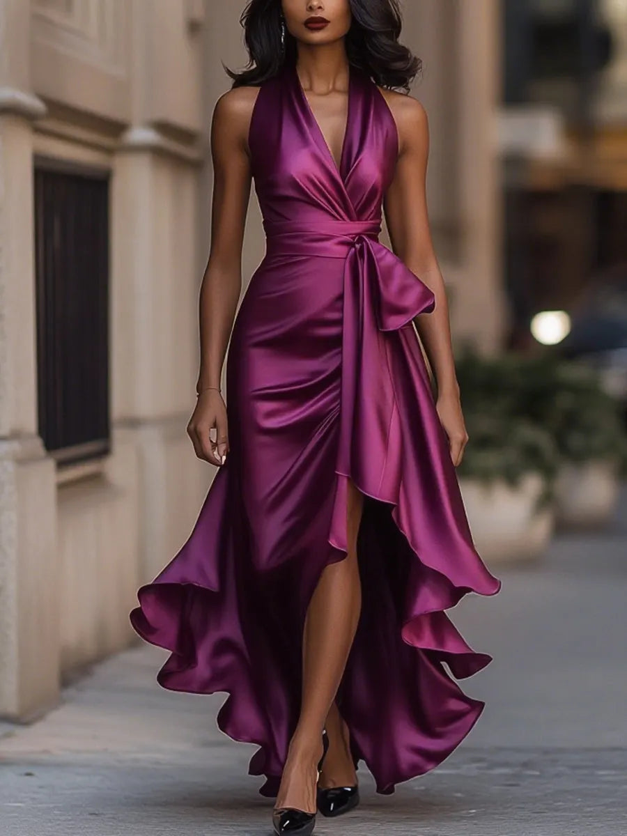 Midnight Elegance Satin Halter Ruffle Gown