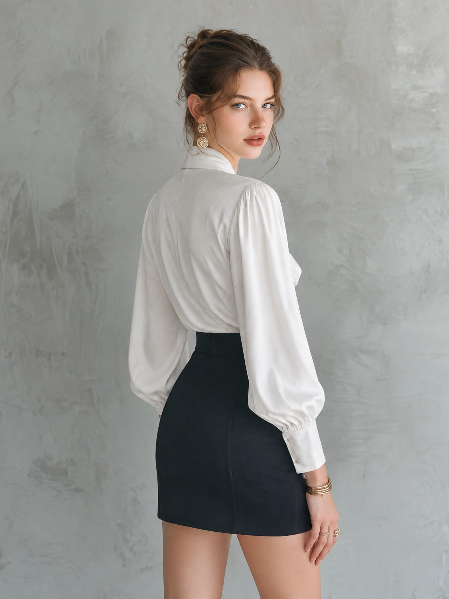Women's Bow-Tie Satin Blouse & Gold Button Mini Skirt Two-Piece Set