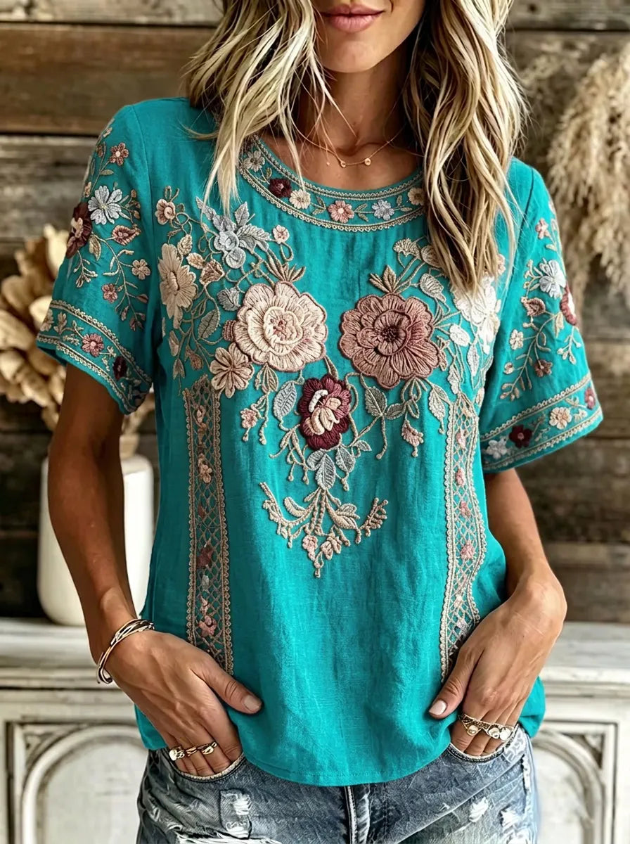 Women's Boho Floral Cotton Embroidered Printed T-shirt