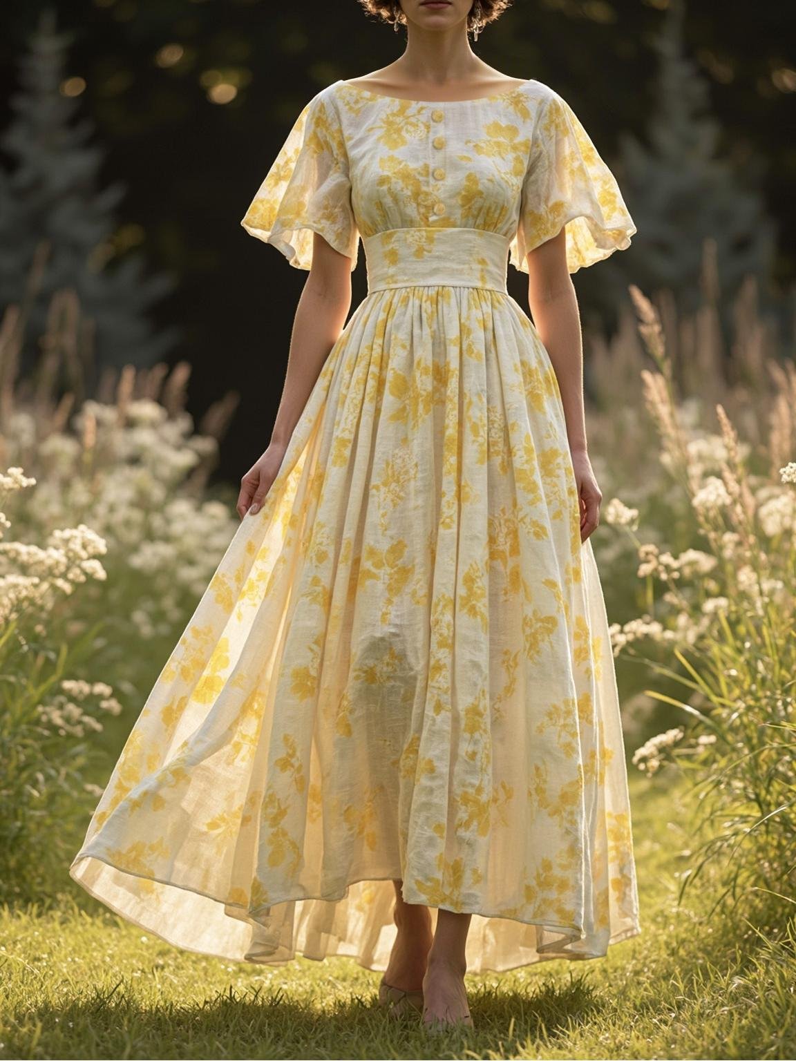 Linen Maxi Dress, Bell Sleeve, Boat Neck, Floral, Vintage, Yellow
