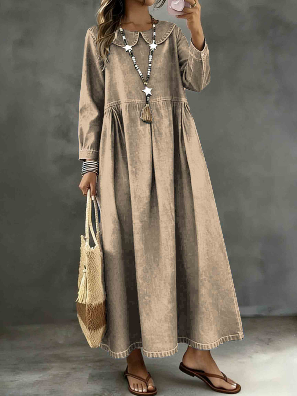 Long Sleeved Lotus leaf collar  Loose Denim Dress