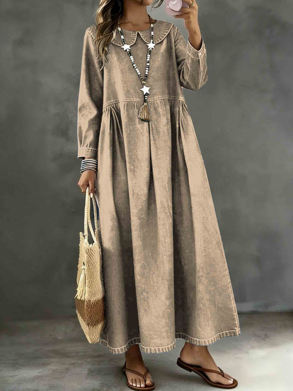 Long Sleeved Lotus leaf collar  Loose Denim Dress