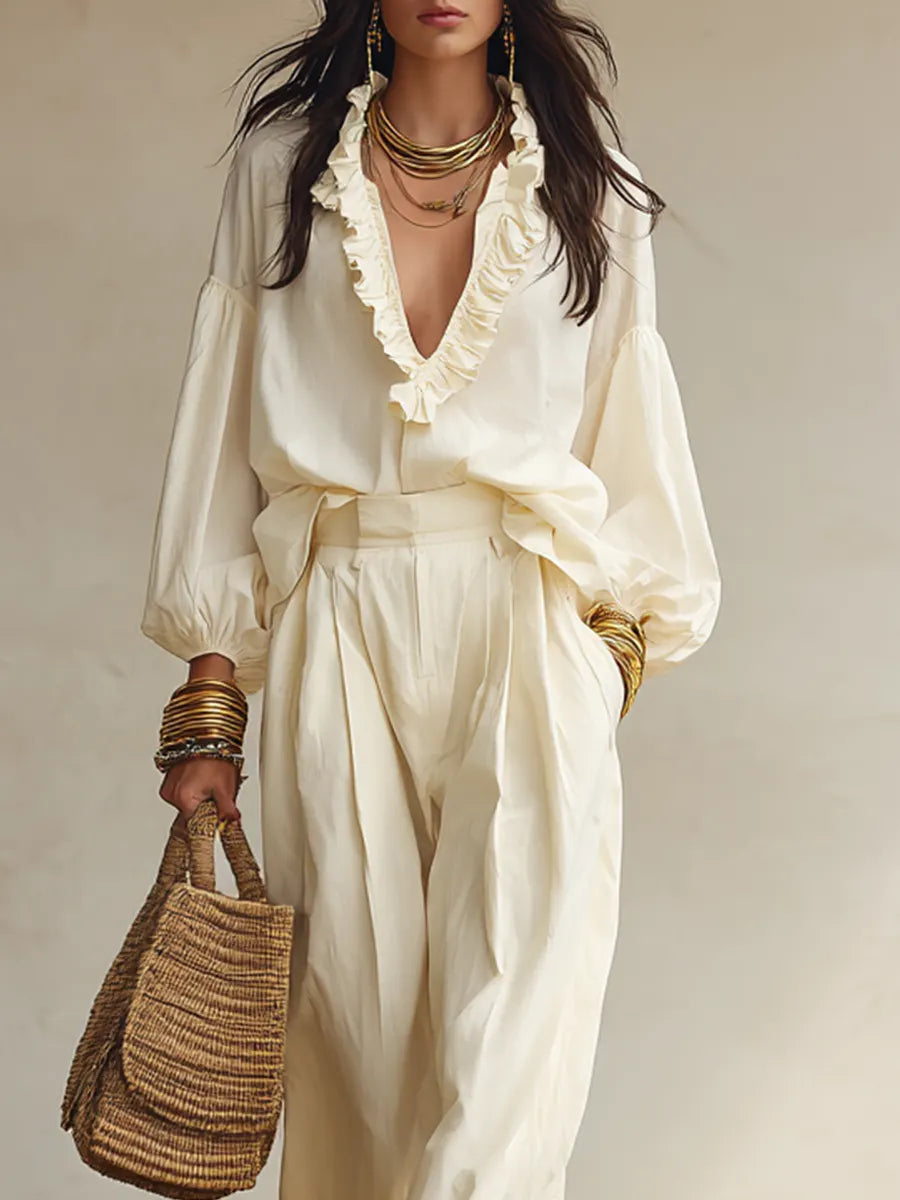Elegant Ivory Lightweight Cotton-blend Ruffled V-neck Shirt And Loose High-waisted ¡ªBohemian-style Two-piece Outfit Wide-leg Trousers Set