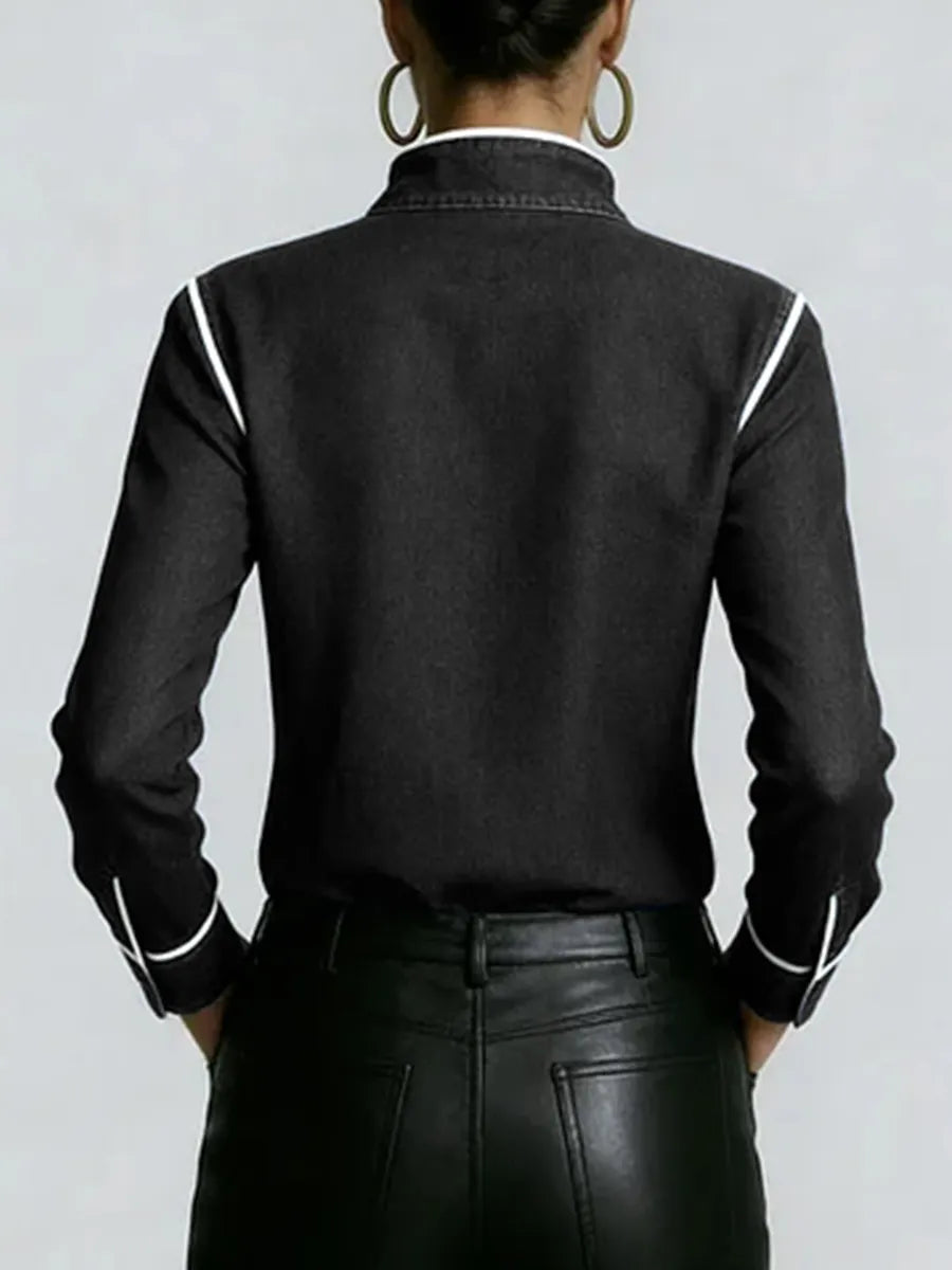 Women's Stand Collar Long Sleeve Casual Loose Denim Shirt
