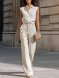Sleeveless Button-Front Blouse And Wide-Leg Trousers Set