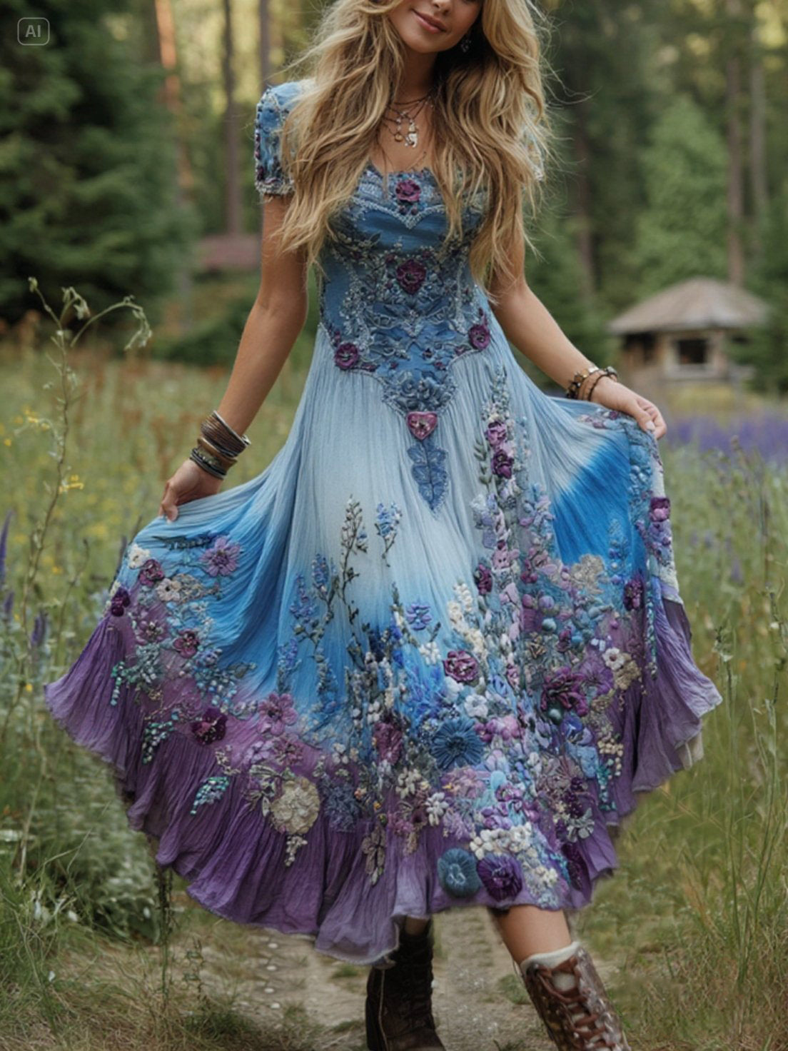 Classy Gradient Purple Lavender And Floral Embroidered Linen Maxi Dress