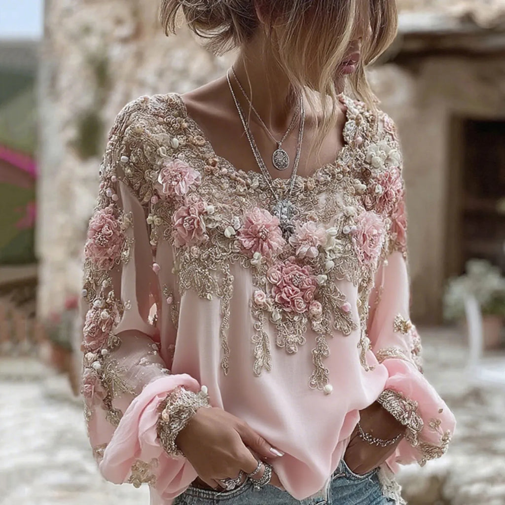 Women's Pink Rose Embroidery Art Round Neck Long Sleeve Linen Blend T-shirt