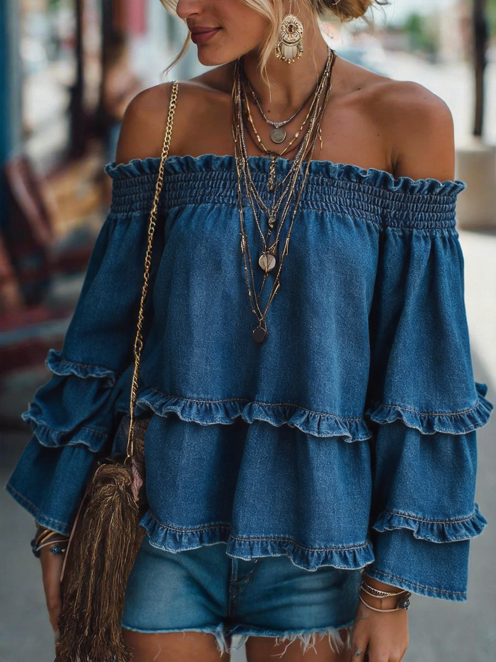 Vintage Off-Shoulder Long Sleeve Loose Denim Shirt