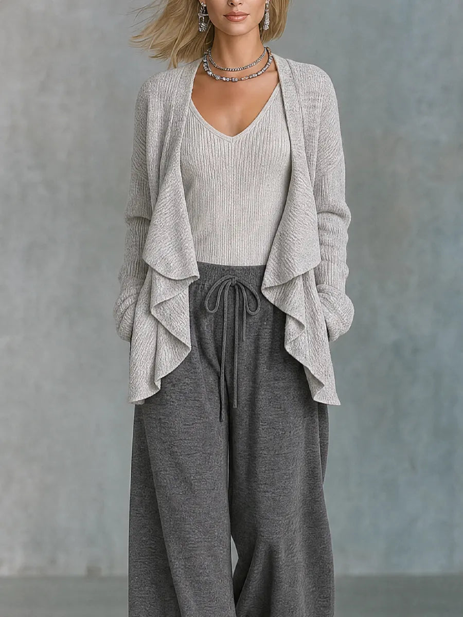 Relaxed Minimal Draped Cardigan & Drawstring Pants Outfit