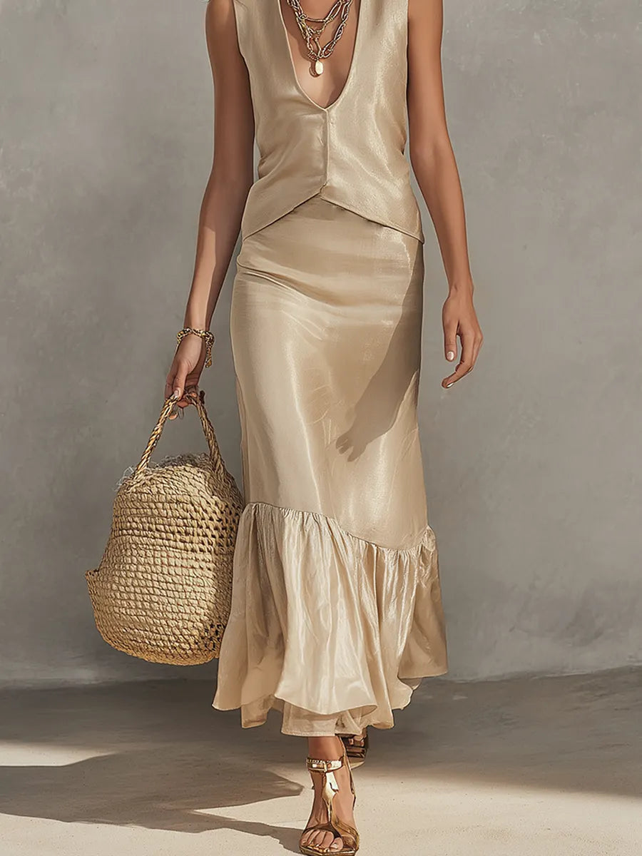 Bohemian Glossy Satin Skirt Set