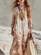 Elegant Blush Baroque Print Flowing Maxi Dress