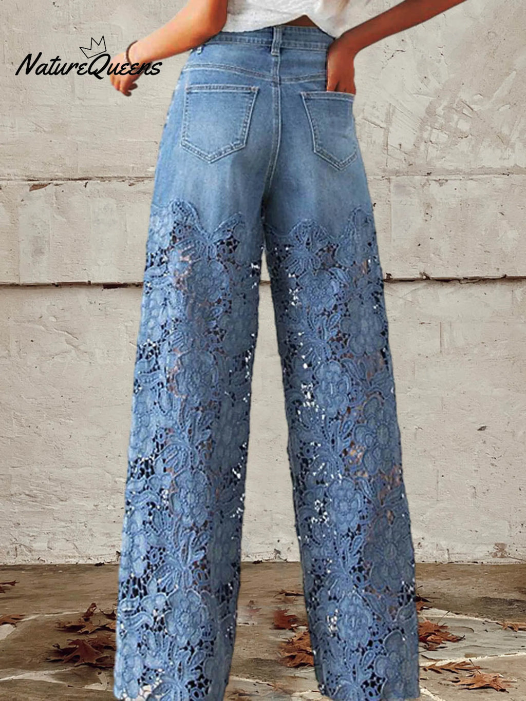 Women's Mid Waist Buttoned Lace Patchwork Jeans