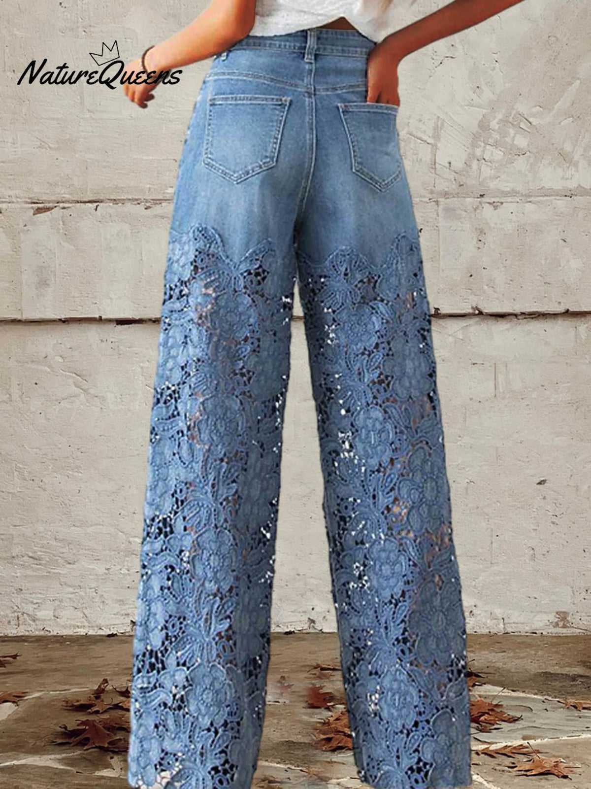 Women's Mid Waist Buttoned Lace Patchwork Jeans