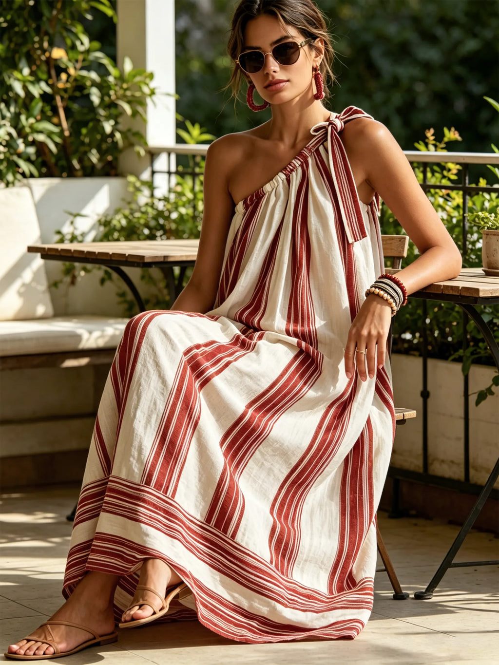 Rust Vertical Stripe Tie One Shoulder Linen Maxi Dress