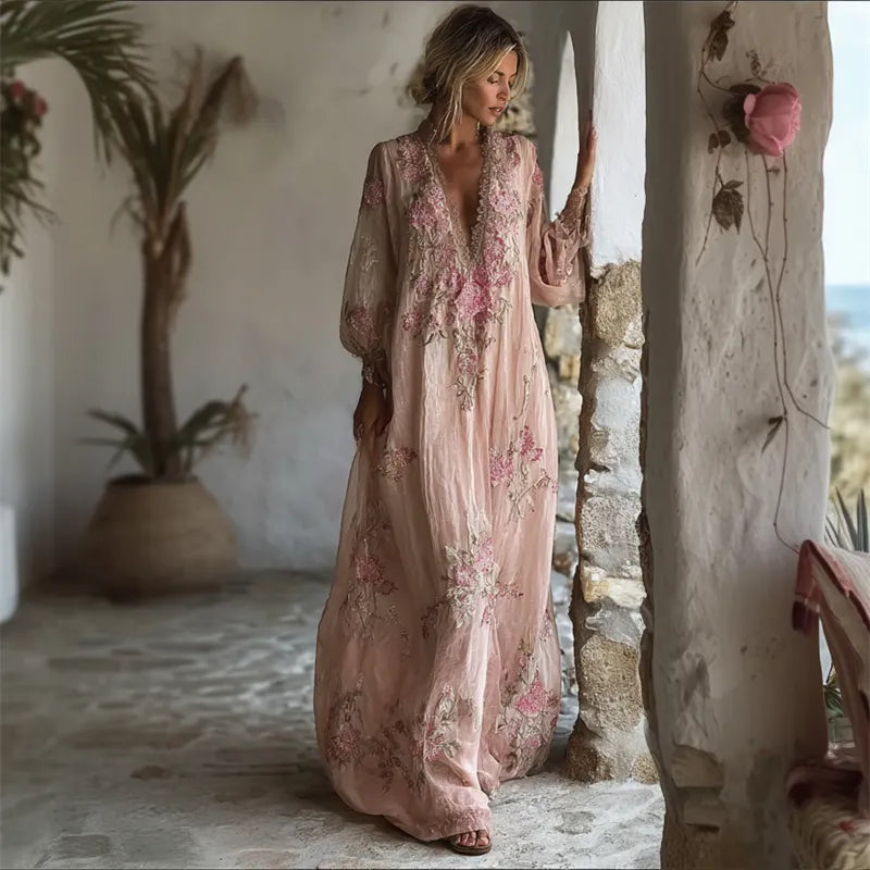 Boho Pink Roses Floral Lace Trim Flowy Linen Maxi Dress