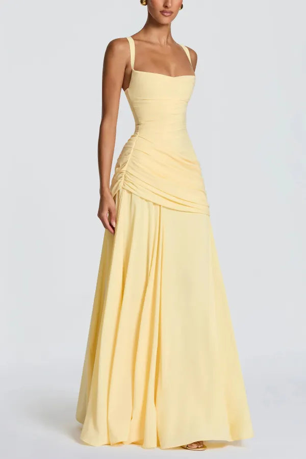 Stylish Spaghetti Strap Square Neck Slim-fit Elegant Pleated Maxi Dress