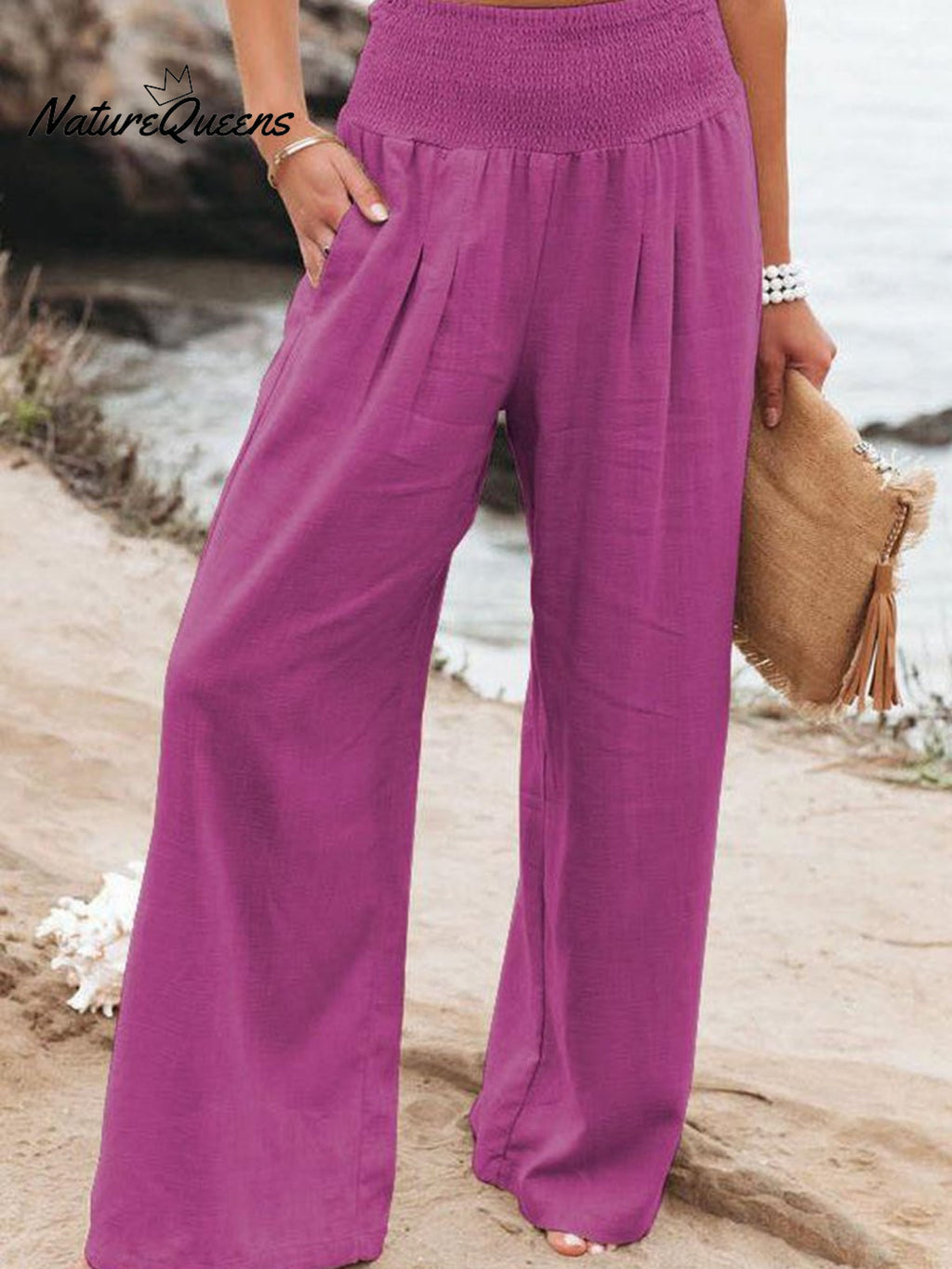 Women's Cotton and Linen Elasticated Waist-waisted Wide-leg Pants