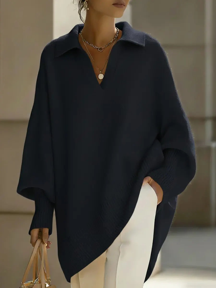 Women's Solid Color V-neck Long-sleeved Casual Loose-fitting Knitted Pullover Sweater